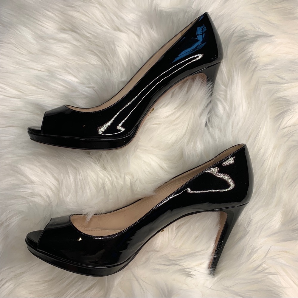 Prada Black Patent Leather Peep Toe Heels - Picture 3 of 8